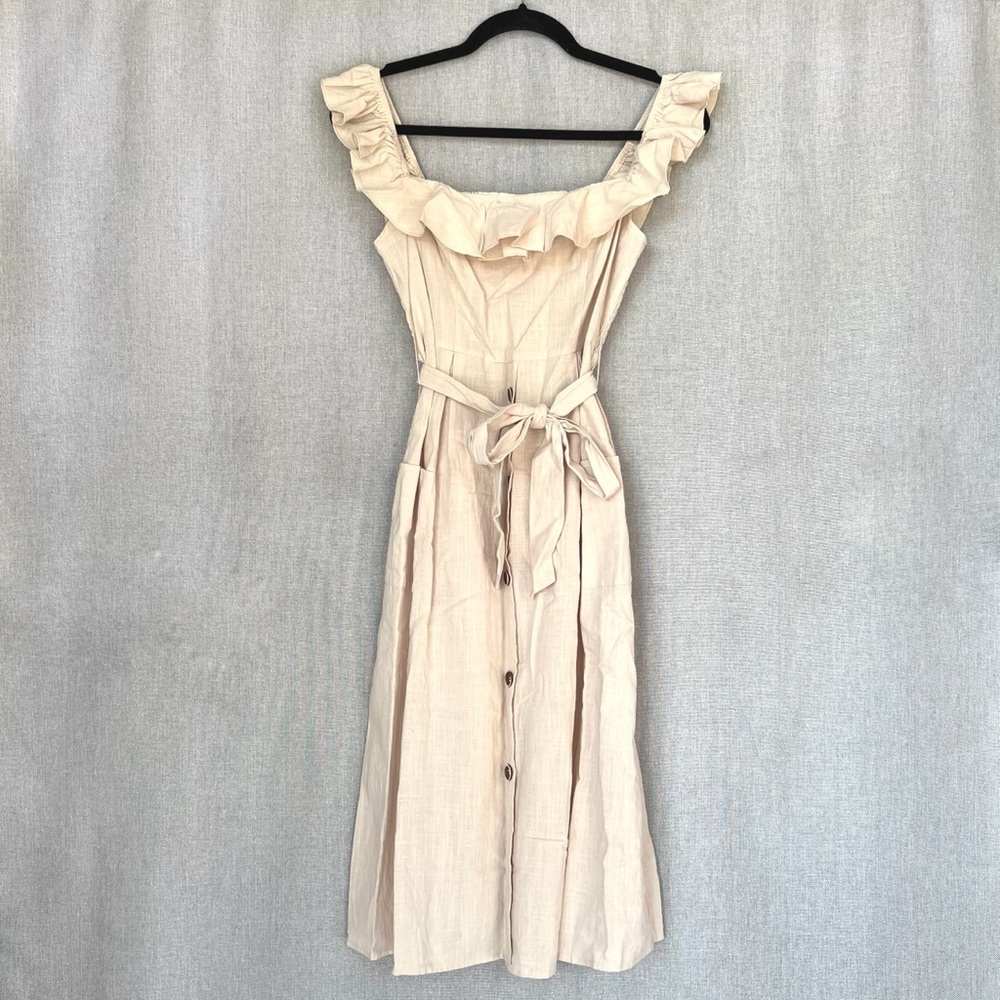 NWOT Cupshe Cream Tan Ruffle Off Shoulder Bow Tie Linen Midi Dress